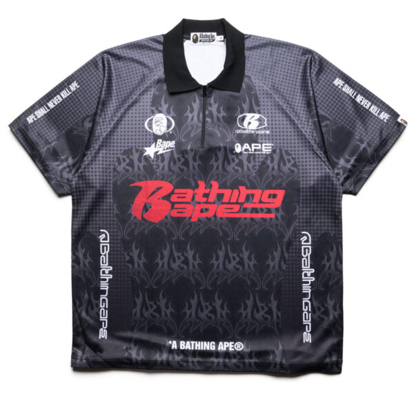 A Bathing Ape Flame Pattern Half Zip Polo Shirt - Black