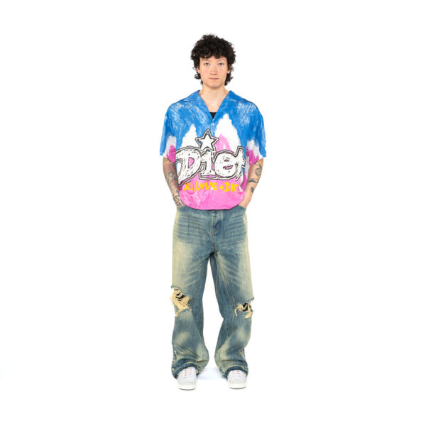 Diet Starts Monday Knievel Button Up Shirt - Blue/Pink - Image 3
