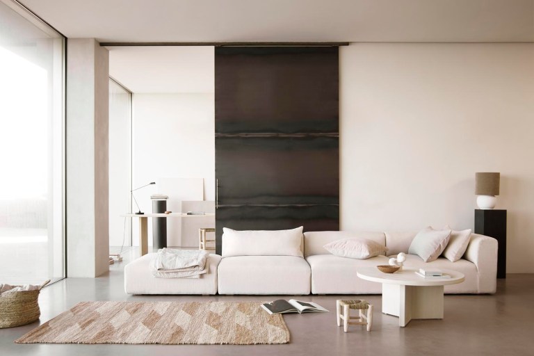 Simple living rooms with white plain wall and white furnitures